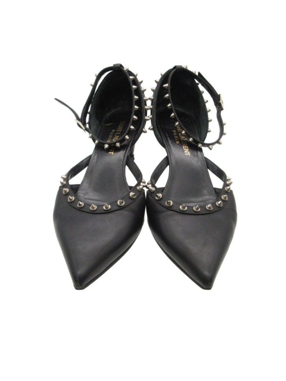 Saint Laurent Paris Pumps Studded Leather Ankle Strap Kitten Heels Shoes Black